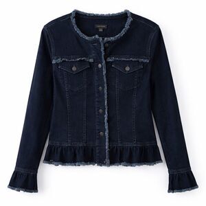Ann Taylor Peplum Denim Jacket Frayed Chic Feminine Dark Wash L